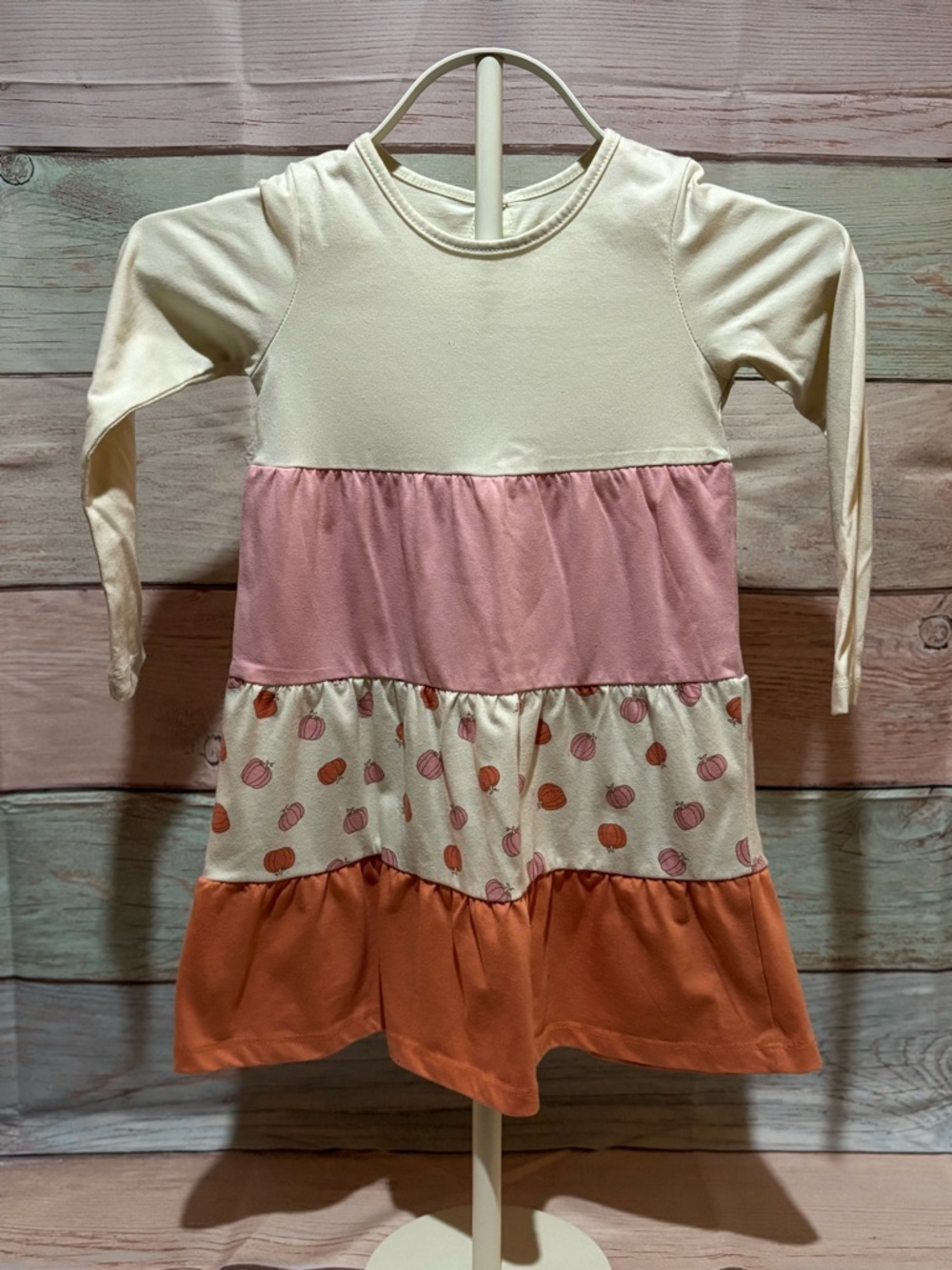 Girls Tiered Long-Sleeve Dress in Cream, Pink & Orange